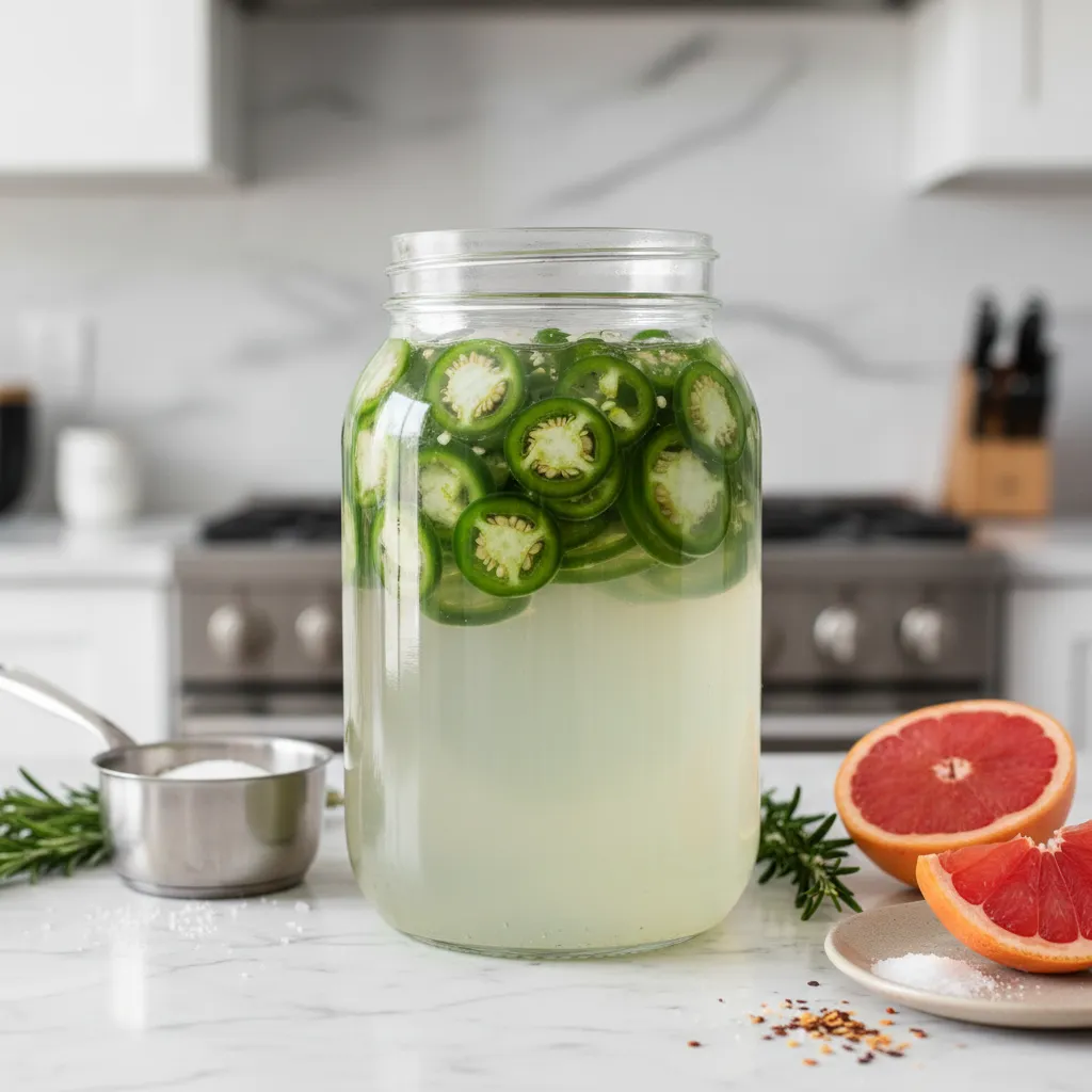 Glass jar with jalapeno slices steeping in simple syrup