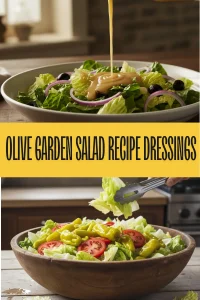 A glass bottle of homemade Olive Garden salad dressing next to a fresh Italian salad with olives and peppers.