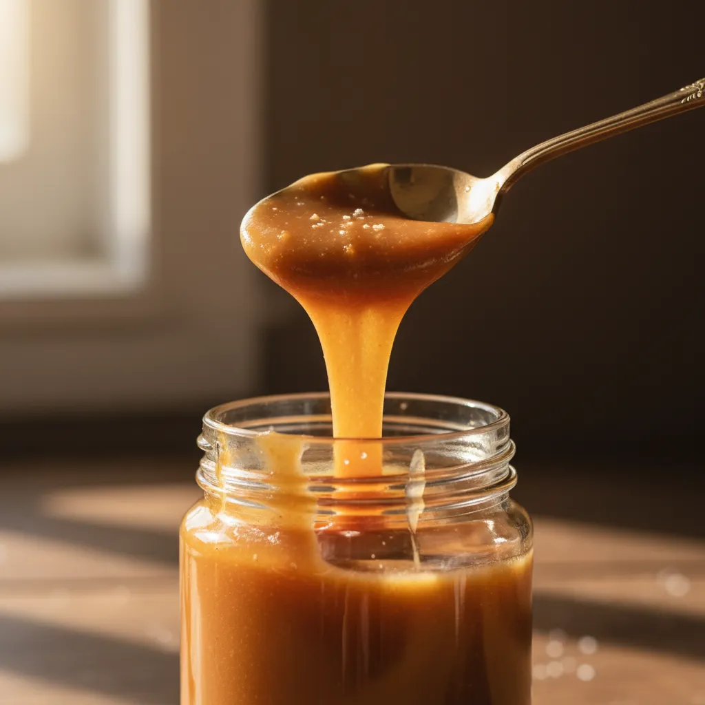 Thick homemade salted caramel sauce dripping from a gold spoon