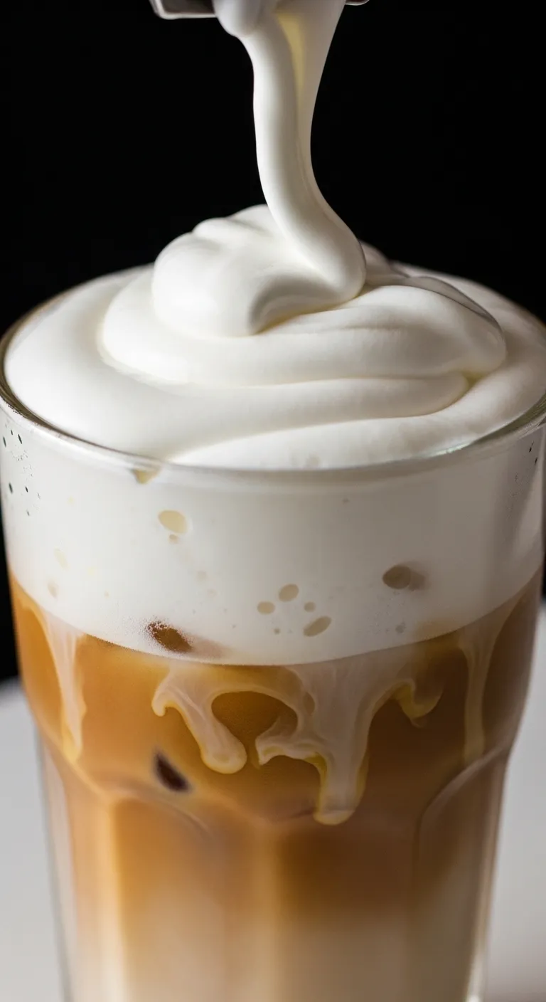 Close up of homemade soft top sweet cream foam floating on iced coffee