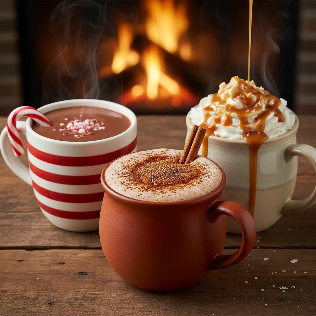 Three mugs showing peppermint, mexican spice, and salted caramel hot chocolate variations