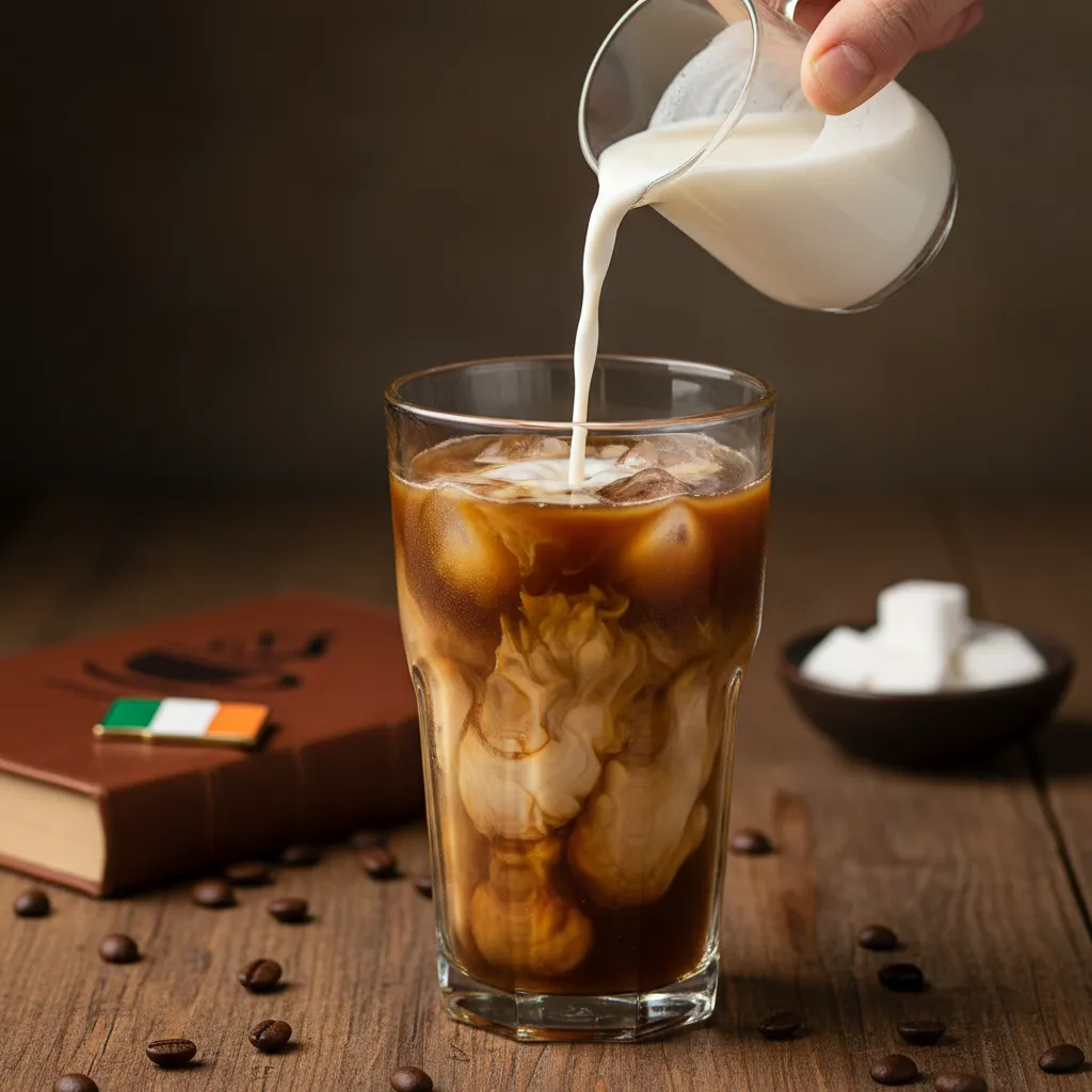Pouring half-and-half into an iced coffee