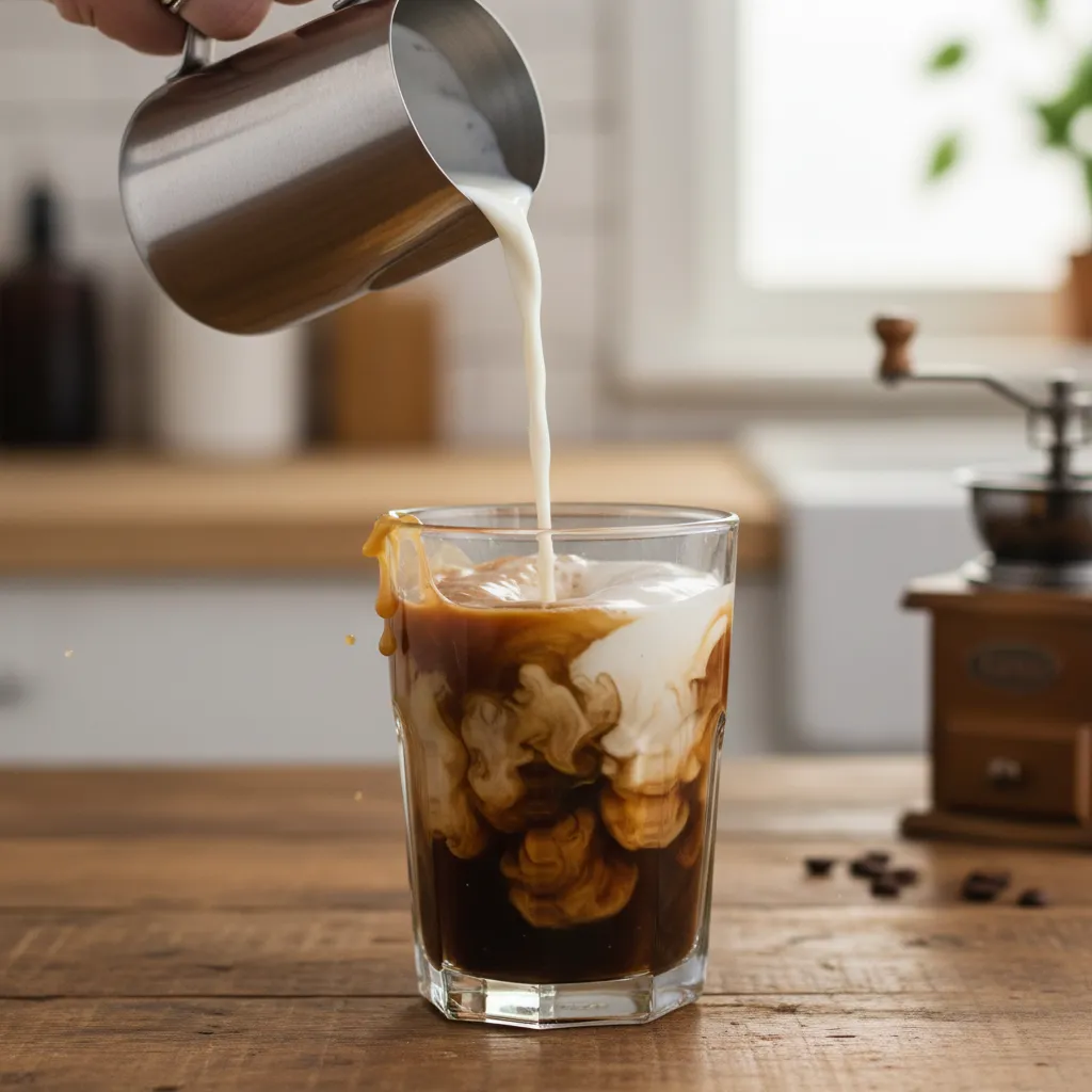 Pouring cream into a caramel coffee drink