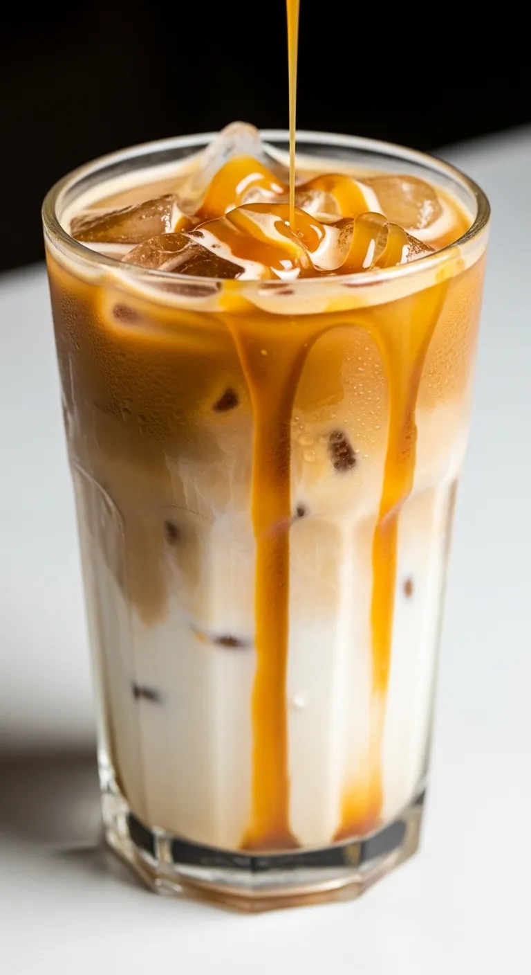 Homemade Iced Golden Eagle drink with caramel drizzle and vanilla breve base