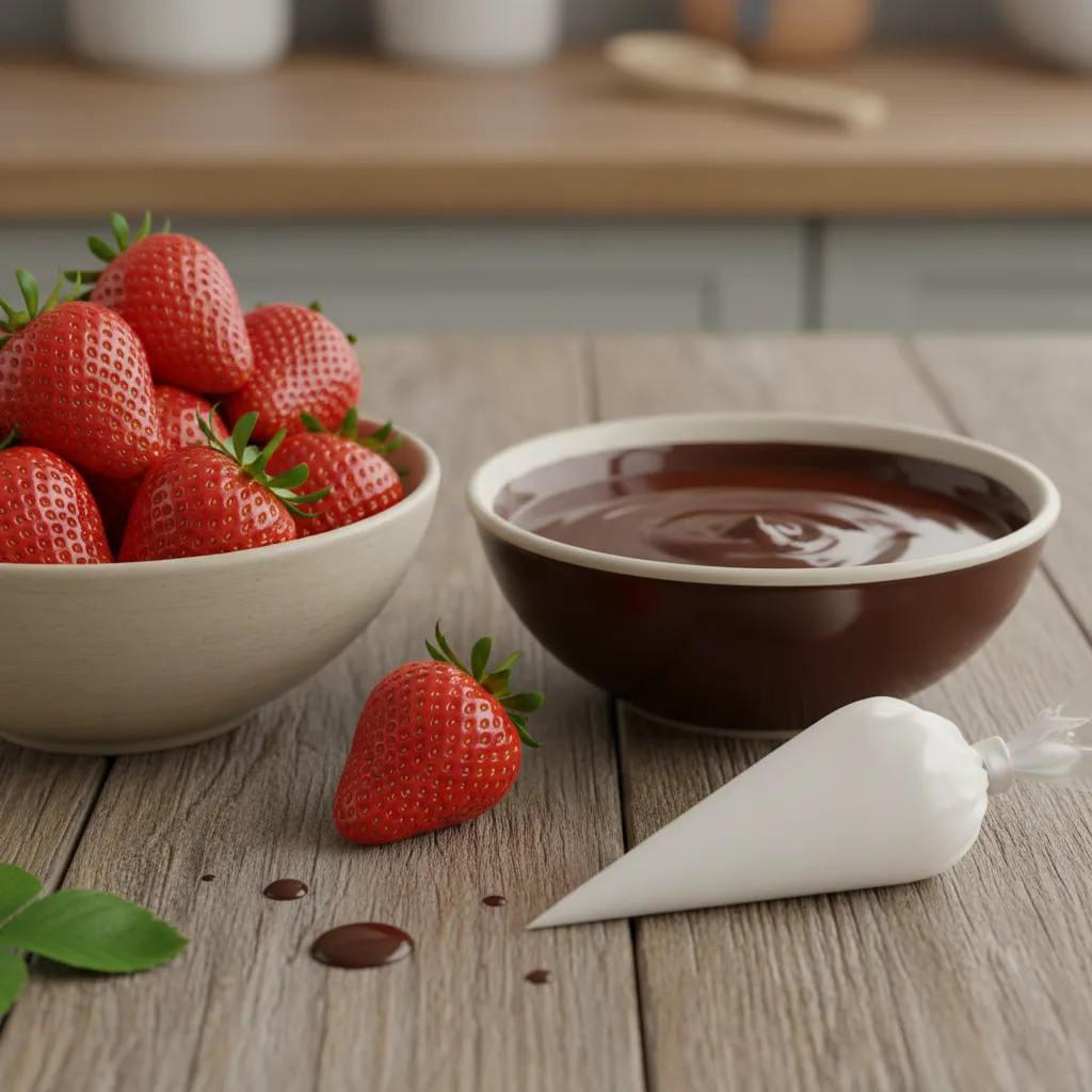 Fresh strawberries and melted chocolate ingredients for football desserts.