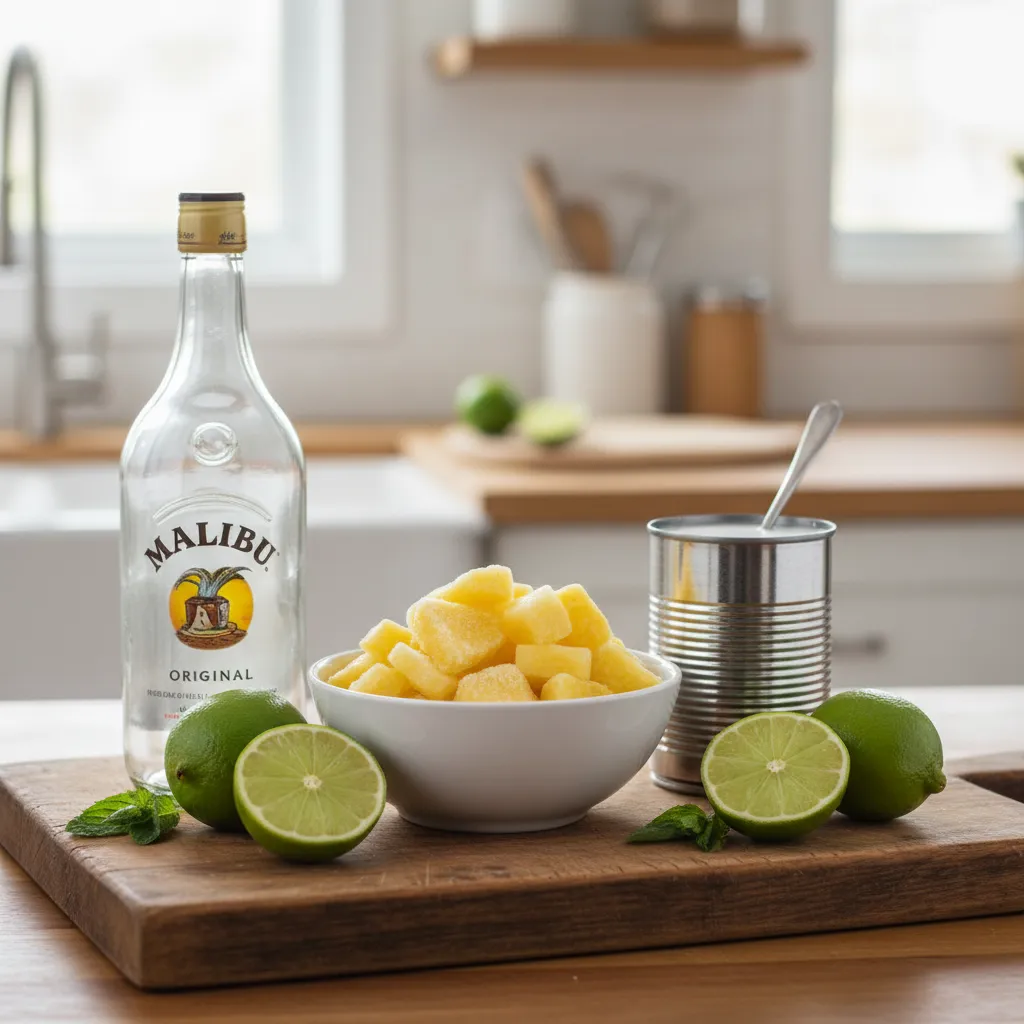 Ingredients for skinny pina colada including frozen pineapple and coconut milk