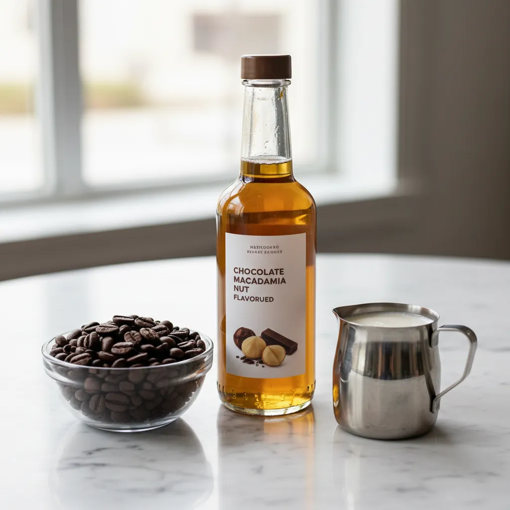 Bowls of coffee beans, syrup, and cream on a marble counter