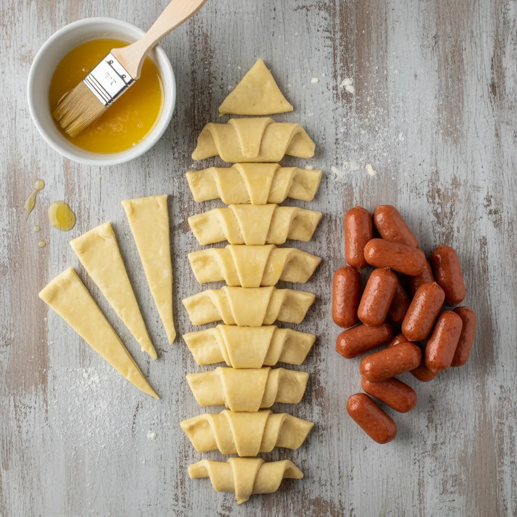 Ingredients including crescent dough and cocktail sausages on a kitchen counter