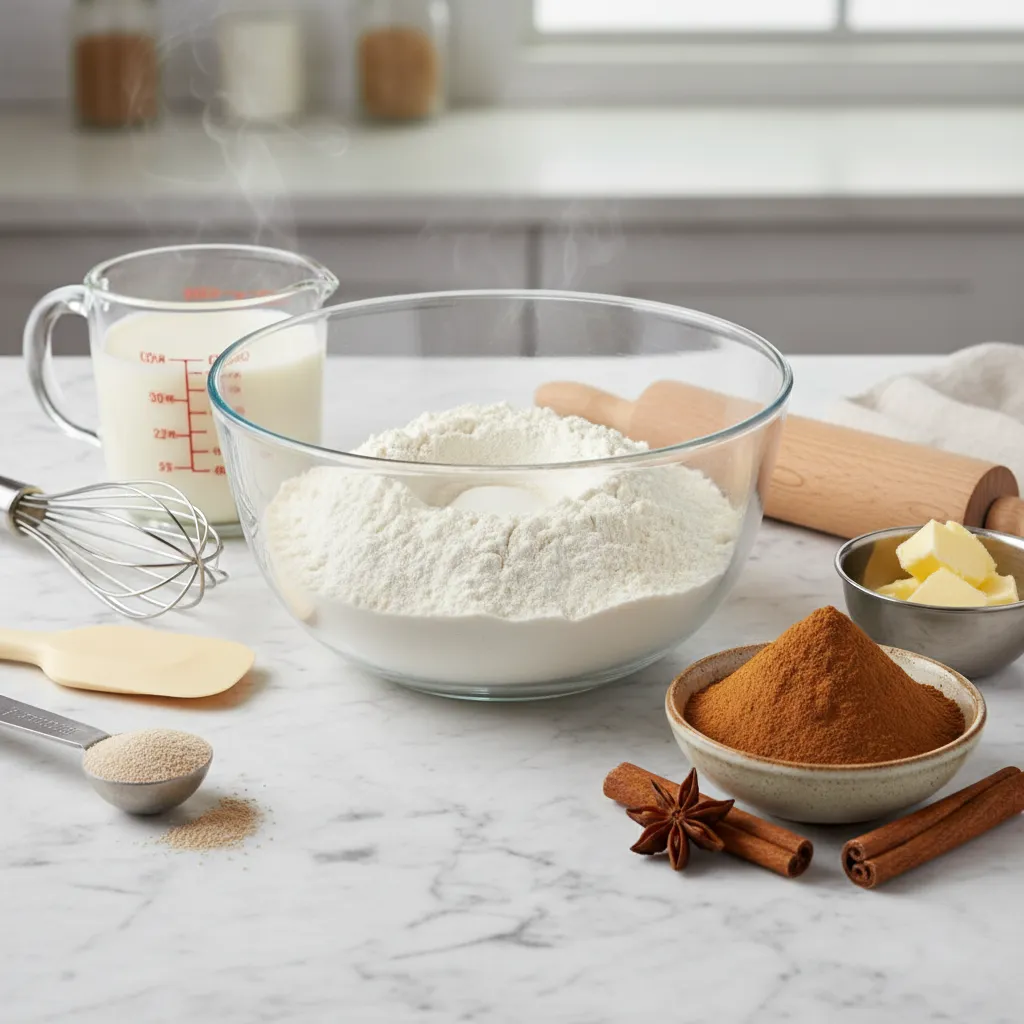 A variety of ingredients including flour, butter, and cinnamon prepared for baking cinnamon rolls.
