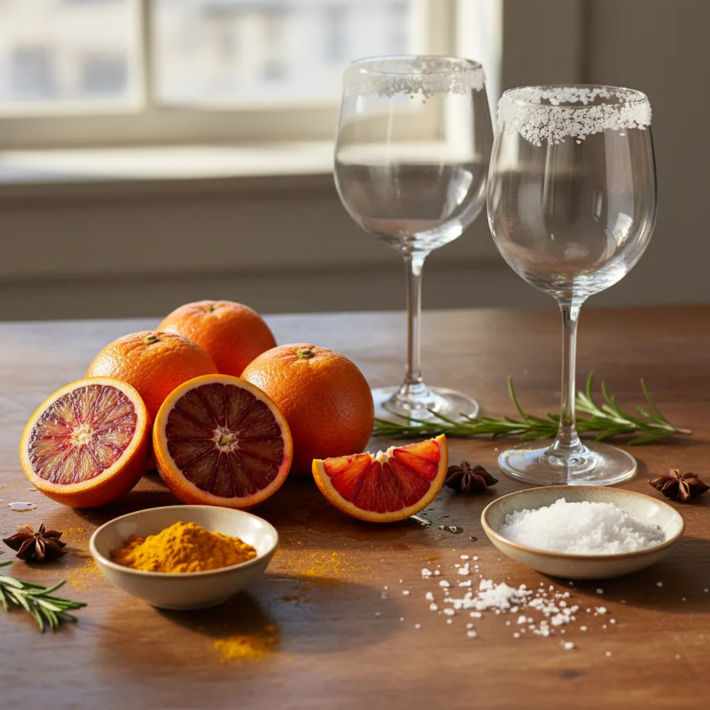 Fresh blood oranges and turmeric powder on a kitchen counter