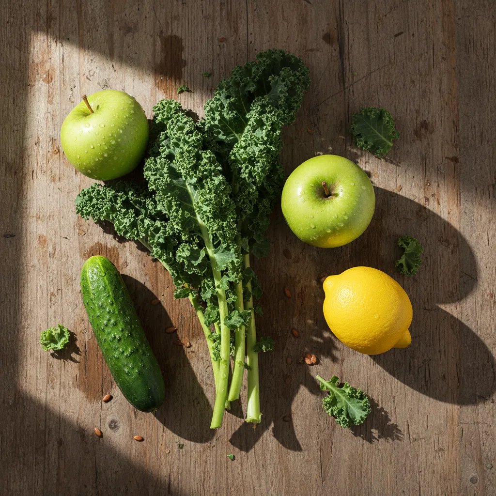 Ingredients for kale and green apple immune blend including cucumber and lemon
