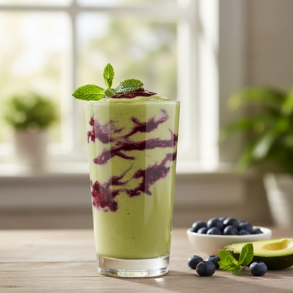 Creamy avocado and berry smoothie in a tall glass with mint garnish for keto fitness nutrition