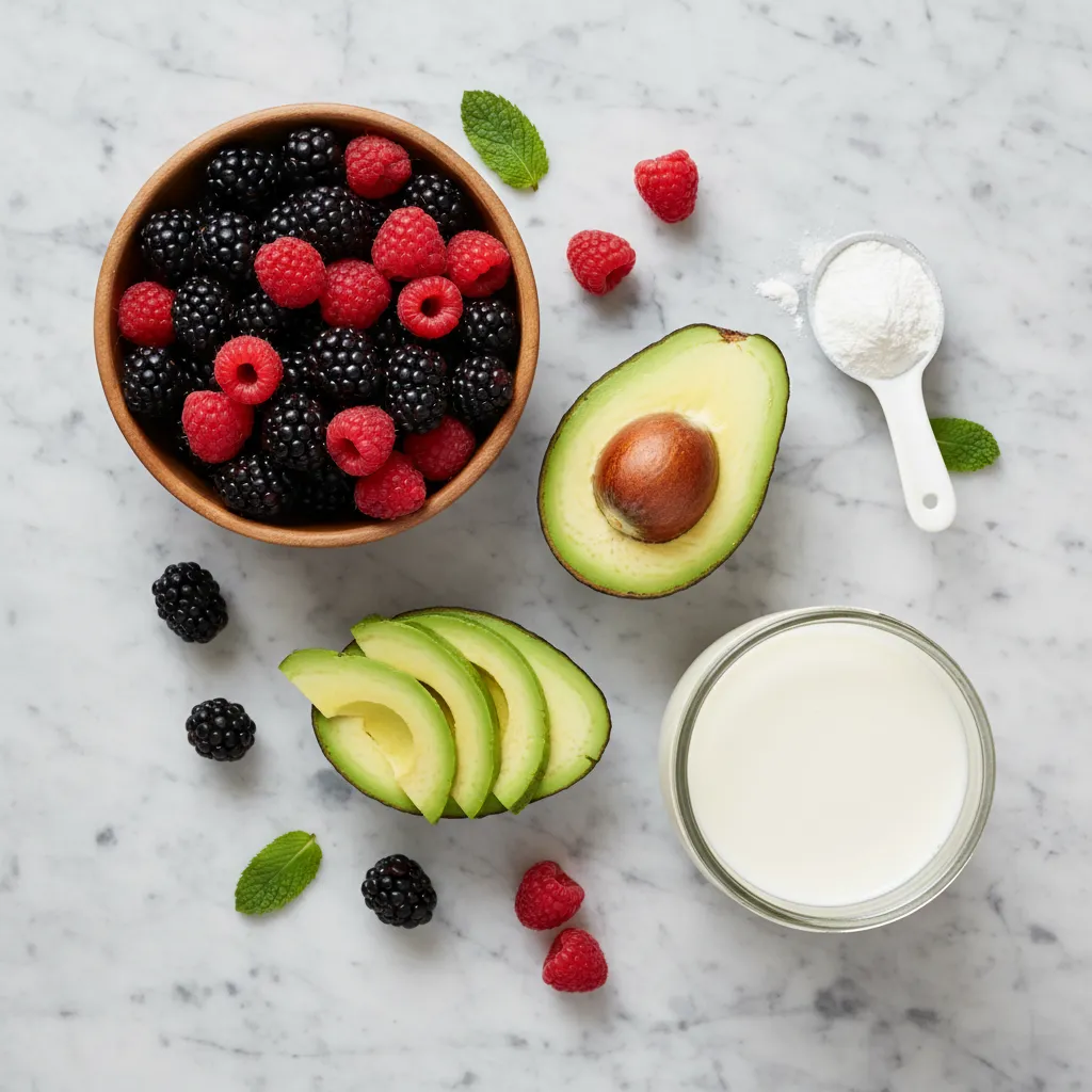 Ingredients for avocado berry collagen smoothie displayed on a marble countertop