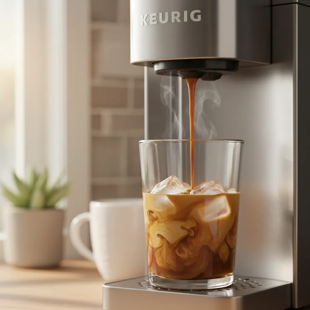 Keurig machine brewing strong coffee concentrate over caramel sauce for iced coffee