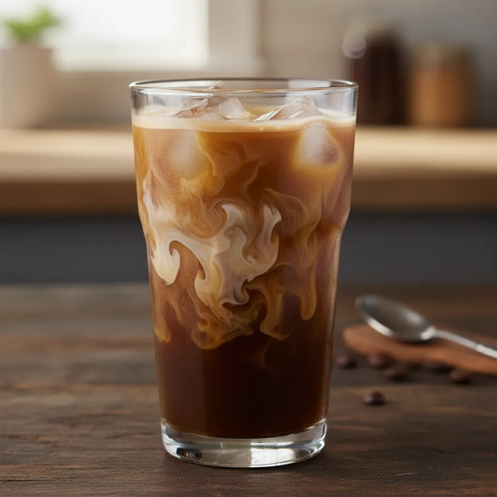 Half and half cream swirling into dark coffee.