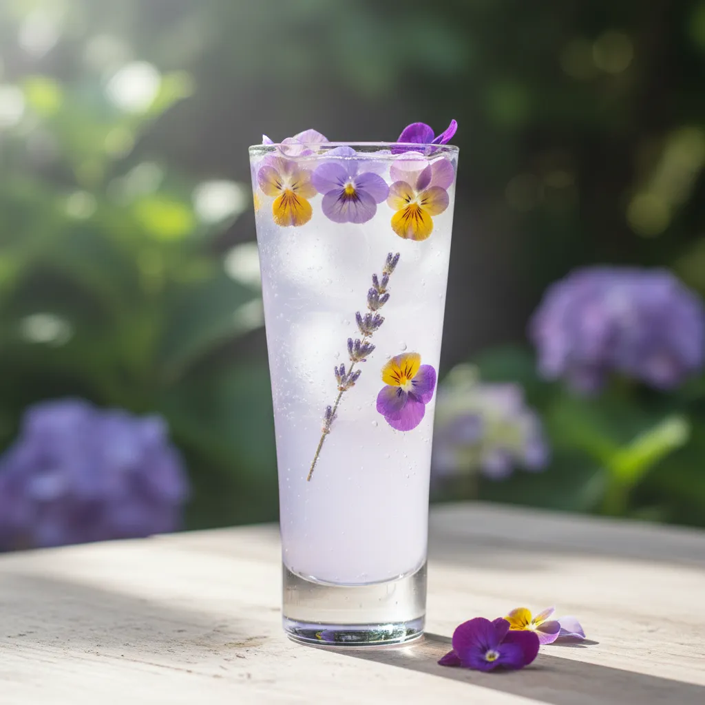 Aesthetic lavender mocktail with edible flowers in a crystal glass