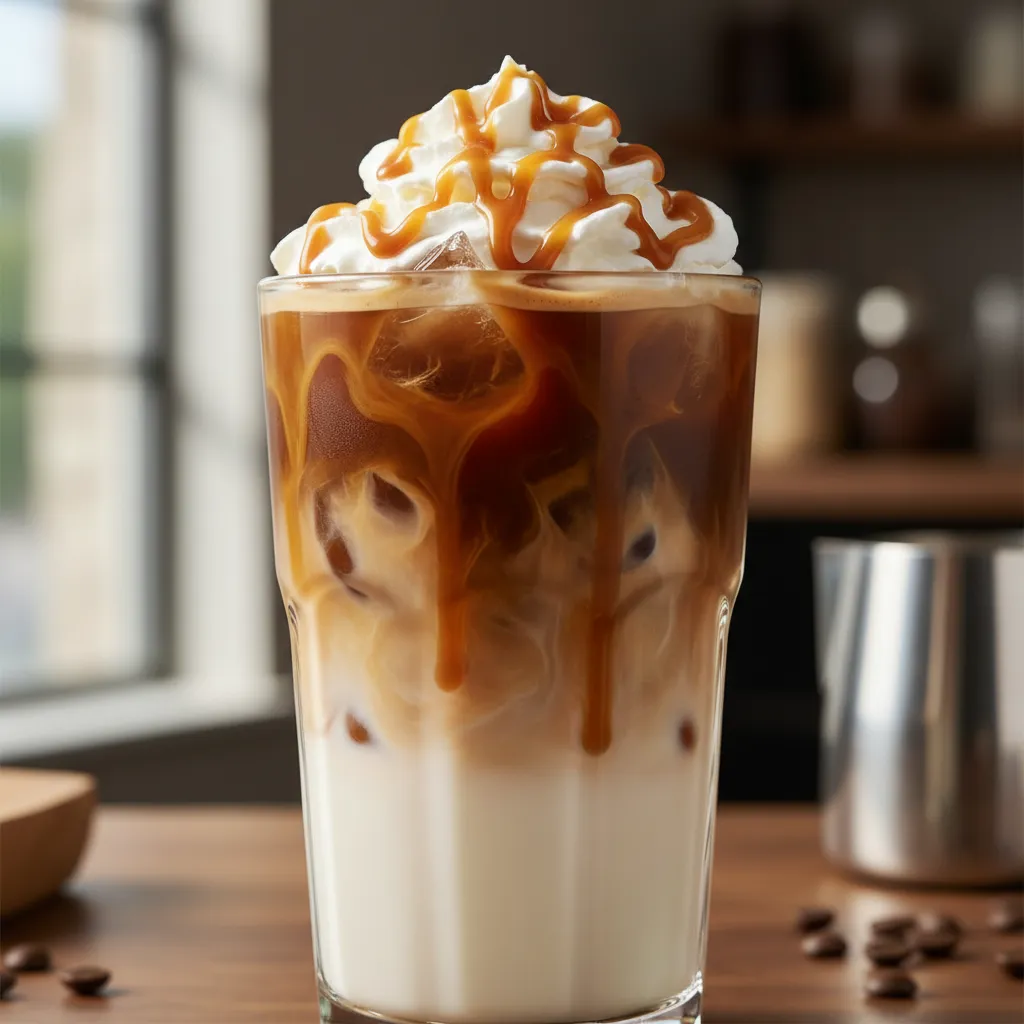 Distinct layers of milk and espresso in a glass cup