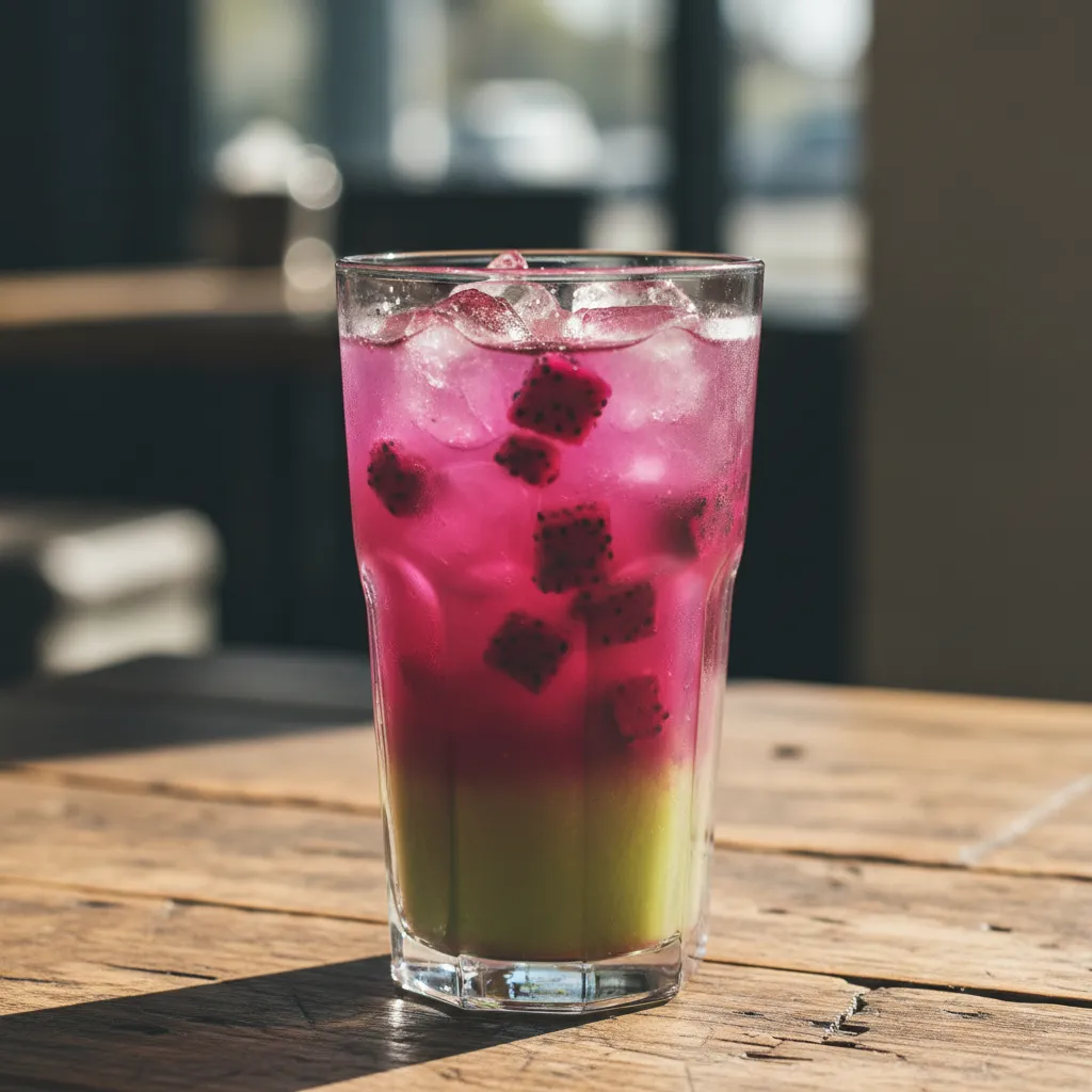 Iced mango dragonfruit green tea refresher in a tall glass with ice