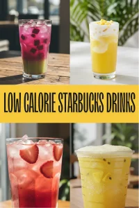A collection of low calorie Starbucks Iced Refresher drinks with fresh fruit inclusions on a summer cafe table.