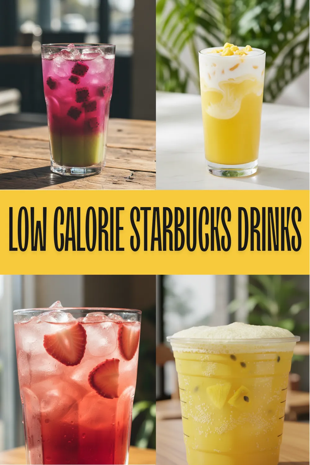 A collection of low calorie Starbucks Iced Refresher drinks with fresh fruit inclusions on a summer cafe table.