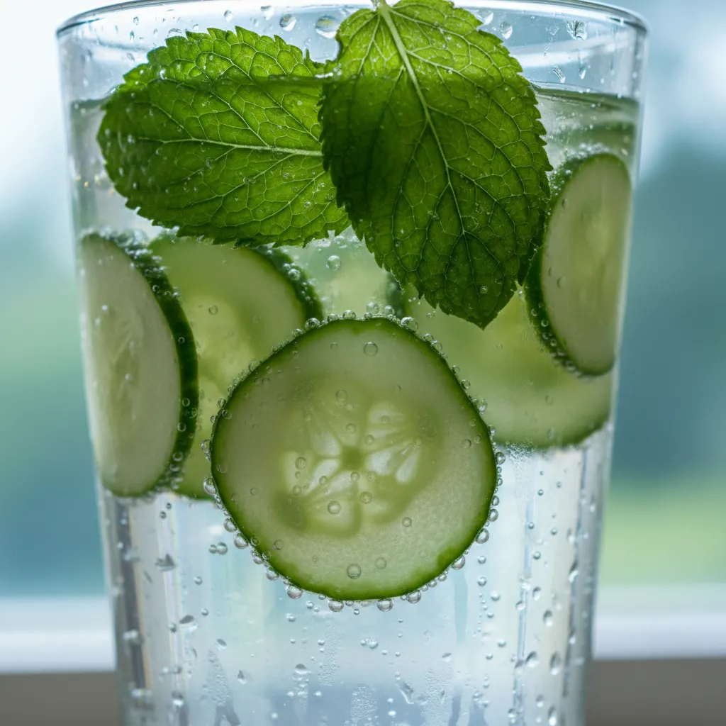Close up detail of cucumber ribbons and mint leaves floating in coconut water