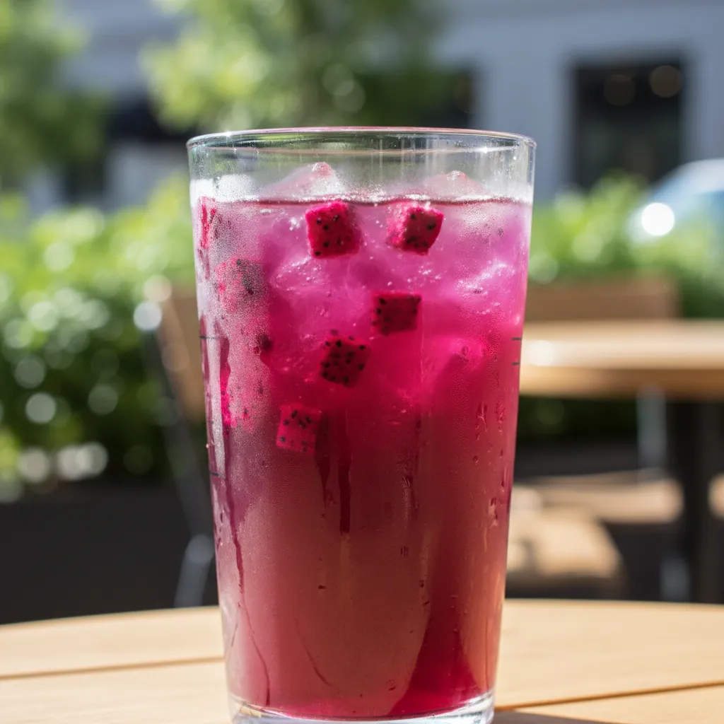 Vibrant magenta Mango Dragonfruit refresher with fruit pieces