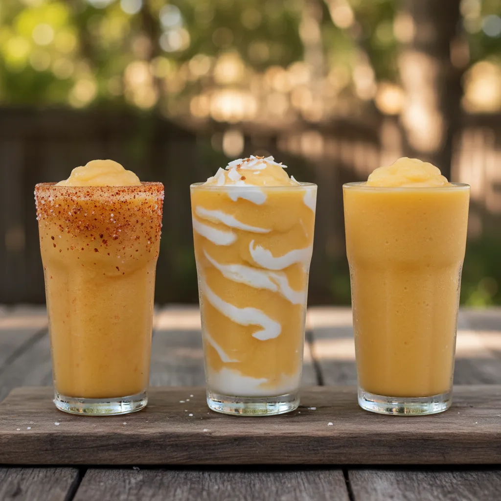Three variations of mango slushies on a wooden board