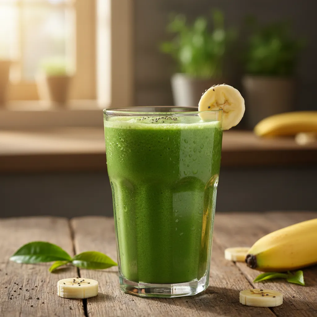 Green matcha and banana smoothie in a glass for pre-workout energy
