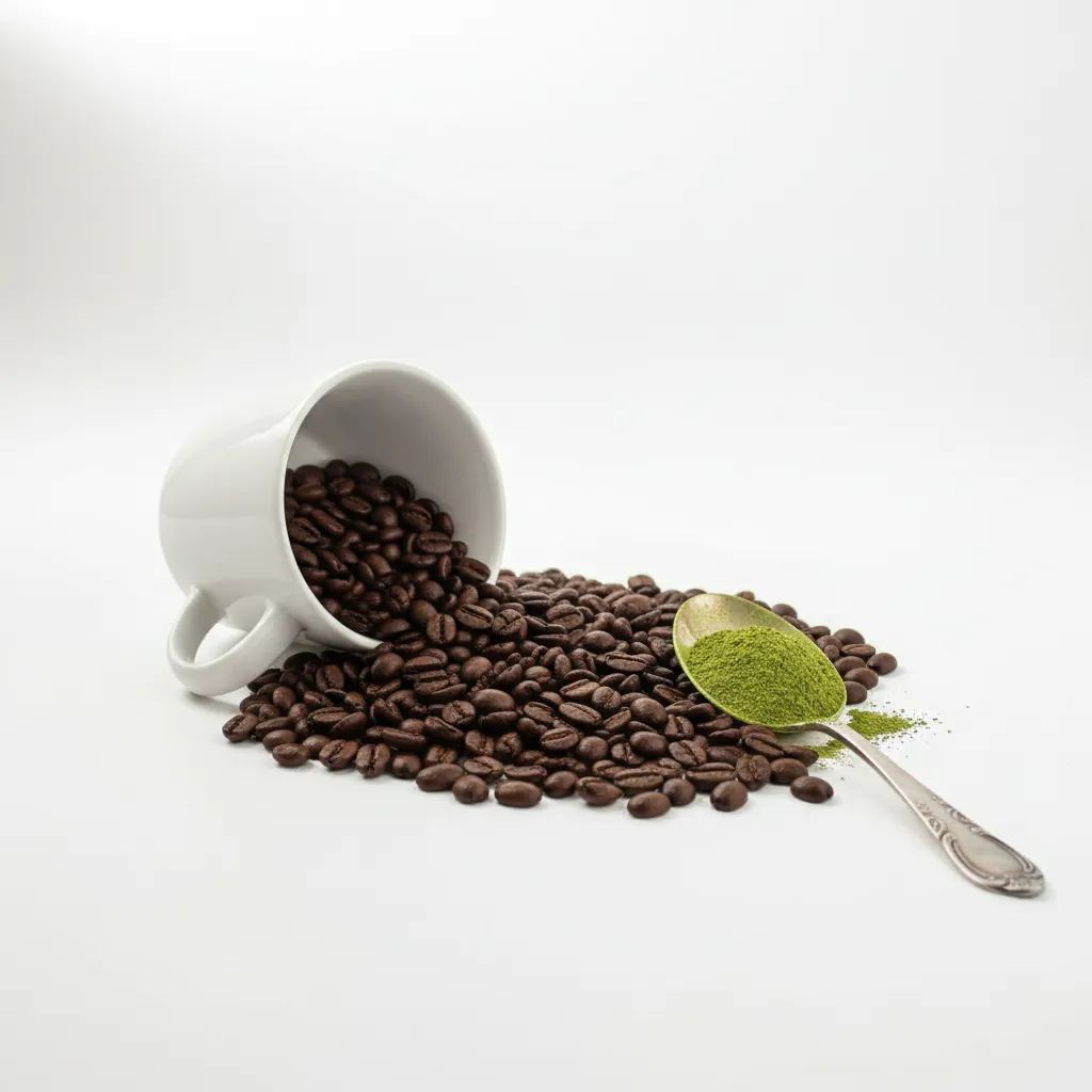 Side by side view of coffee beans and green matcha powder