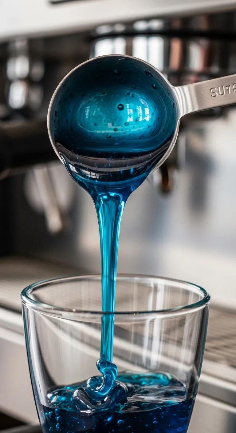 Pouring blue raspberry syrup into a glass for a Dutch Bros copycat recipe