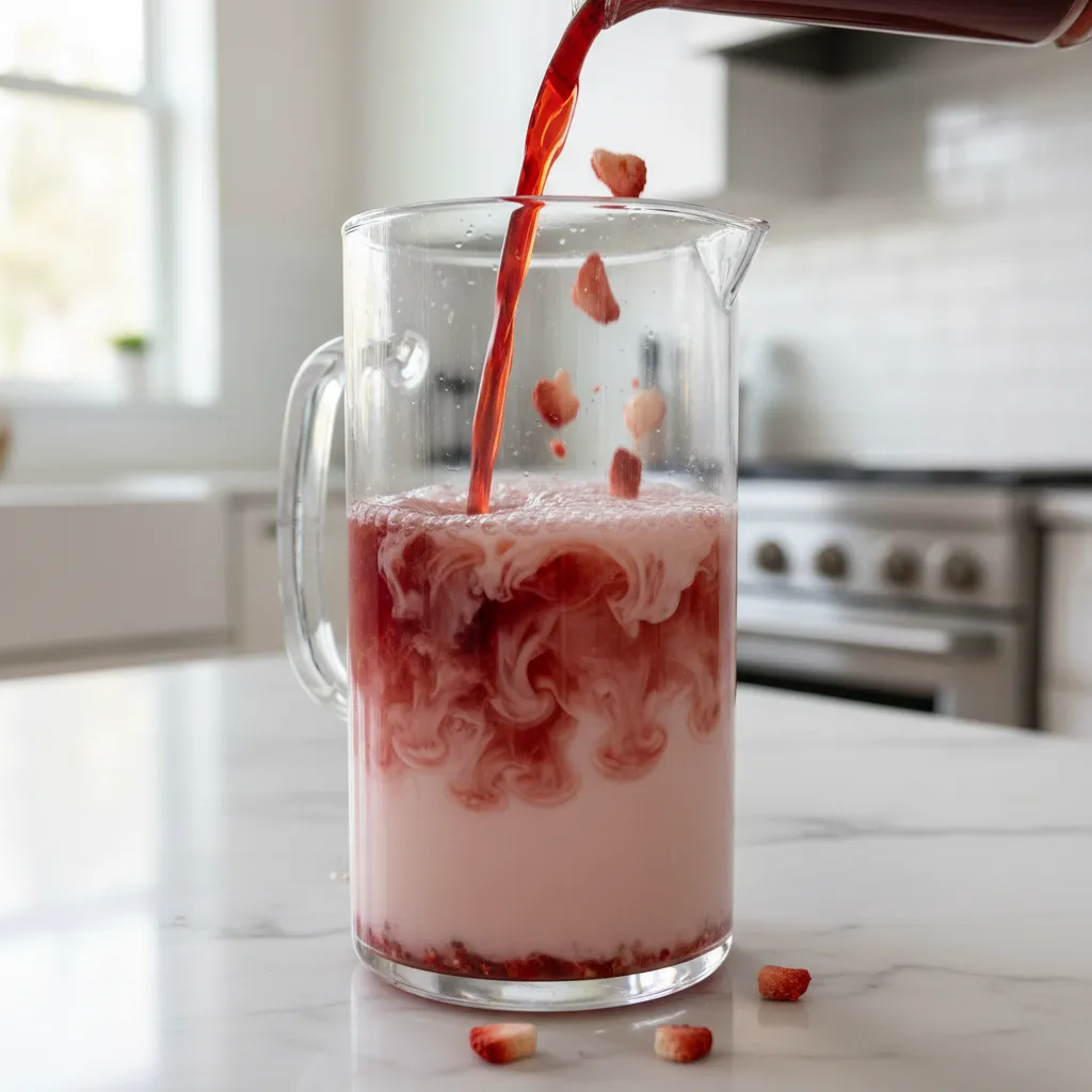 Pouring passion tea into strawberry acai base