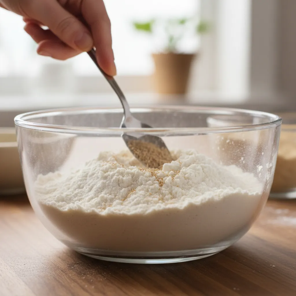 Close-up of yeast and flour being mixed in a bowl