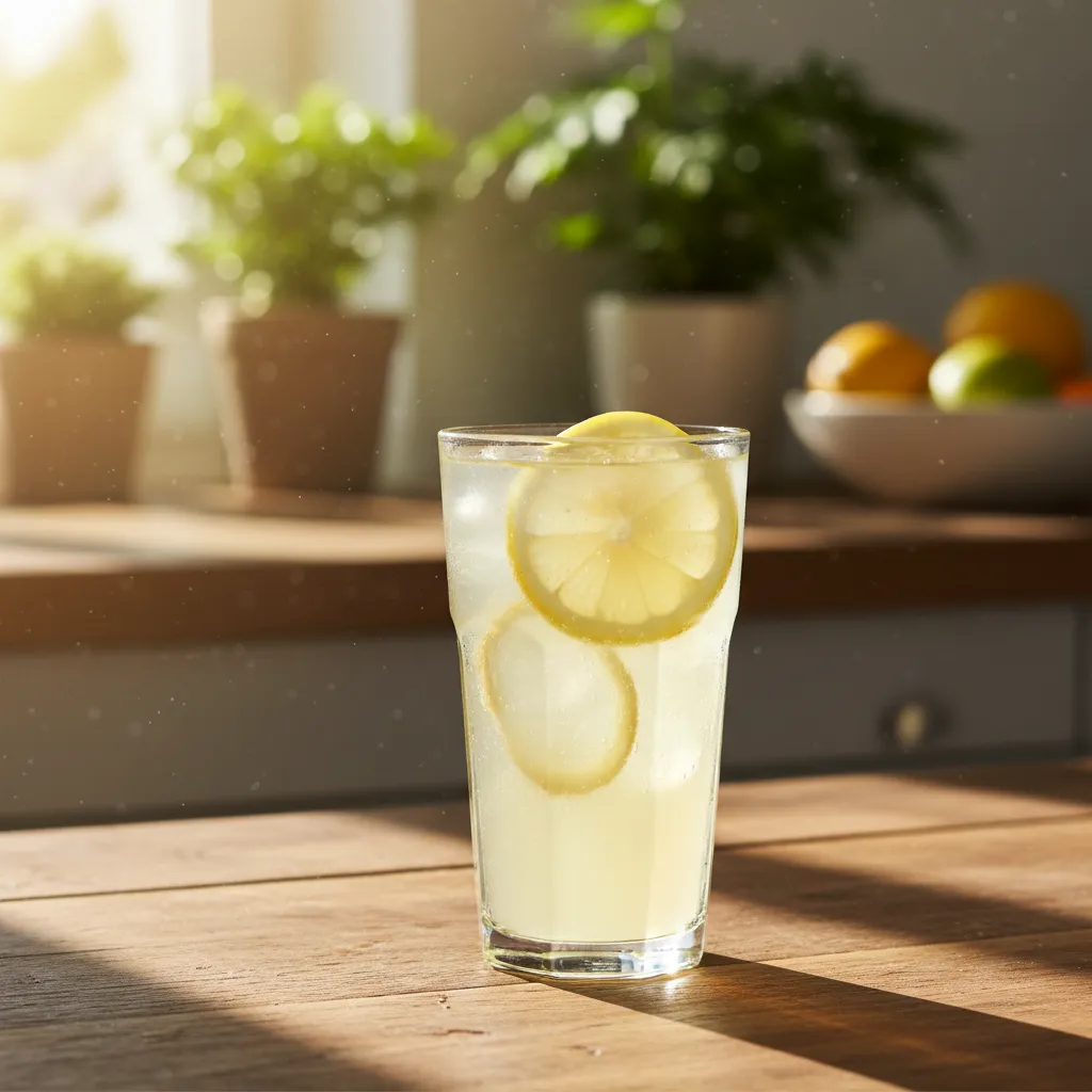 Glass of coconut water with lemon and ginger on a sunny table