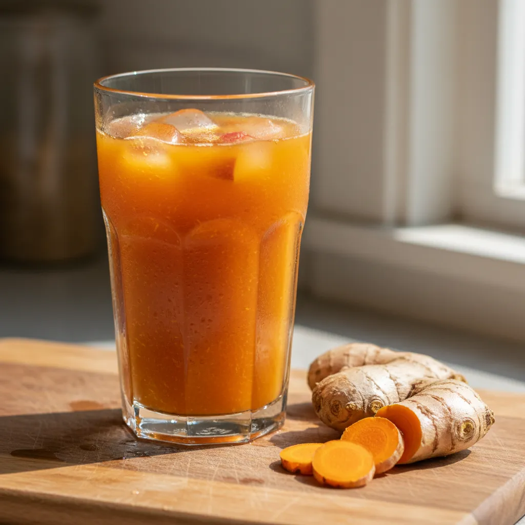 A glass of bright orange ginger and turmeric juice for immune support