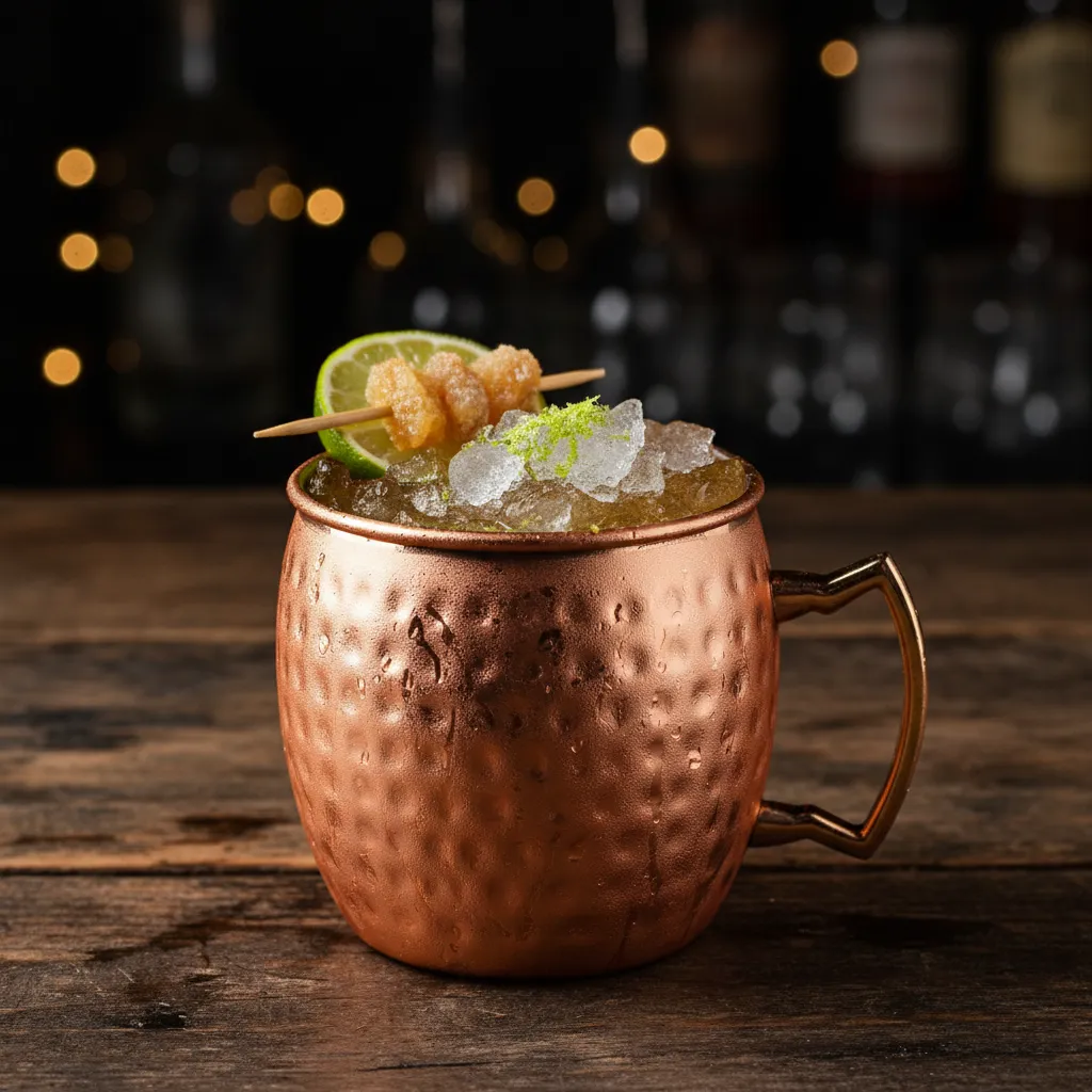Zero proof Mexican mule in a hammered copper mug with fresh lime garnish