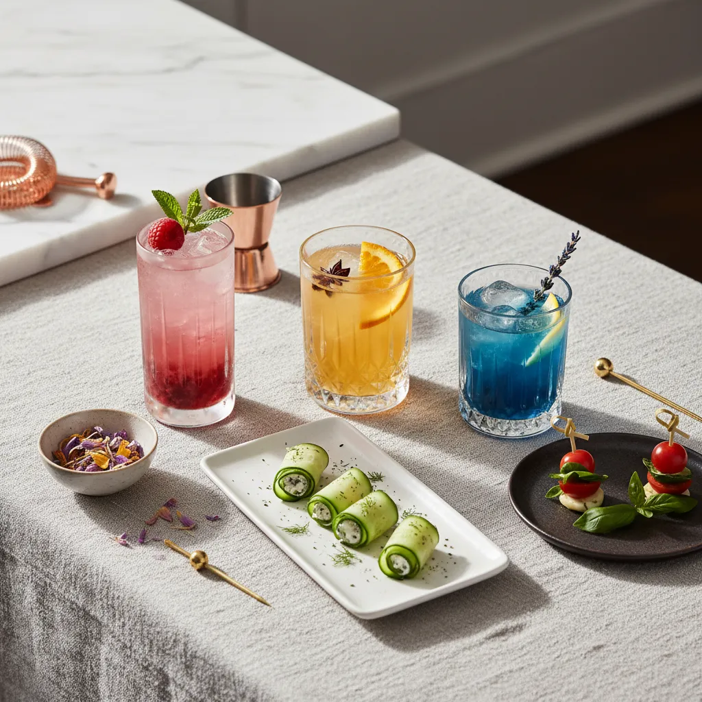 Sophisticated mocktails paired beautifully with elegant appetizers on a marble table.