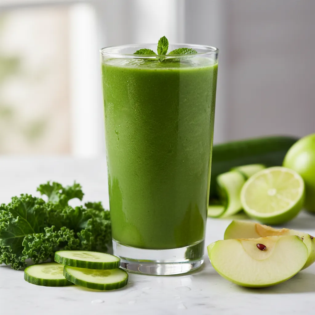 tall glass of green detox smoothie with kale and cucumber for weight management