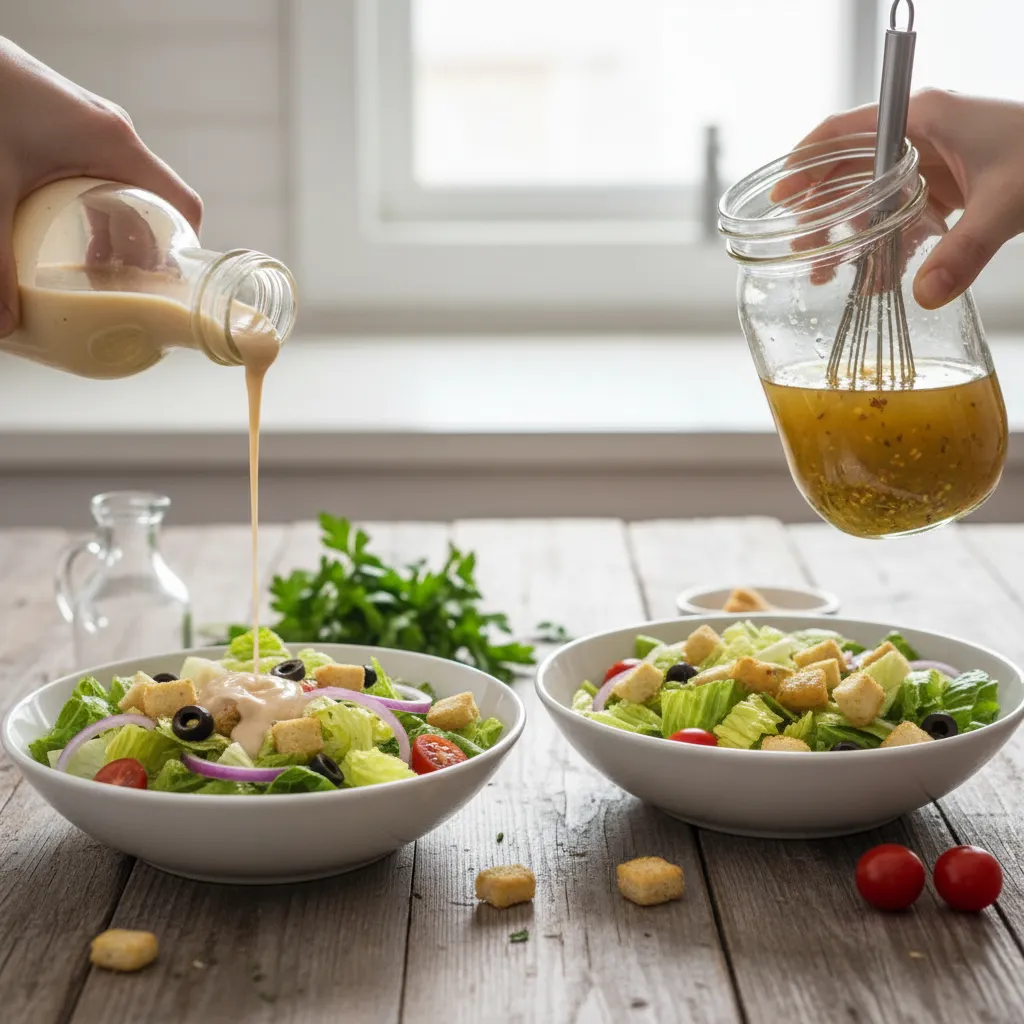 Side-by-side comparison of bottled Olive Garden dressing versus homemade copycat vinaigrette