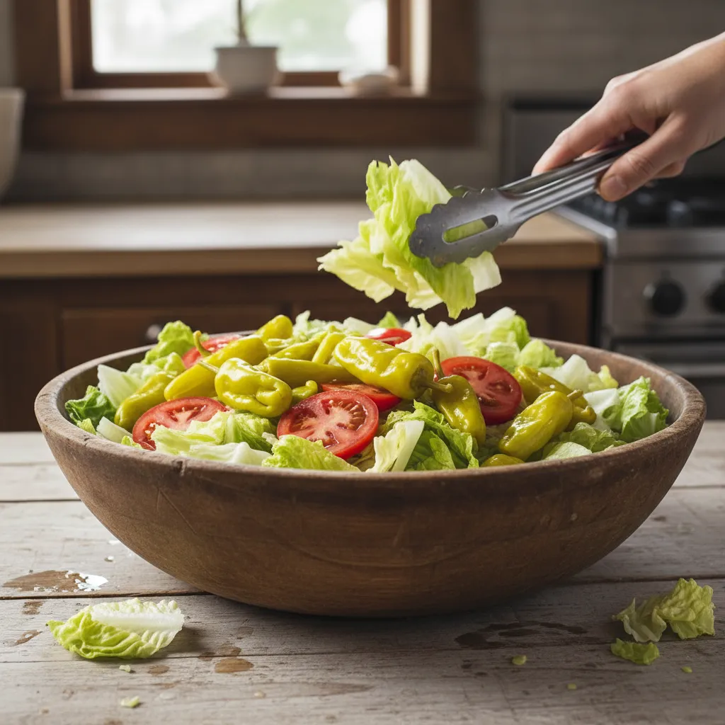 Fresh garden salad ingredients in a wooden bowl including peppers and tomatoes