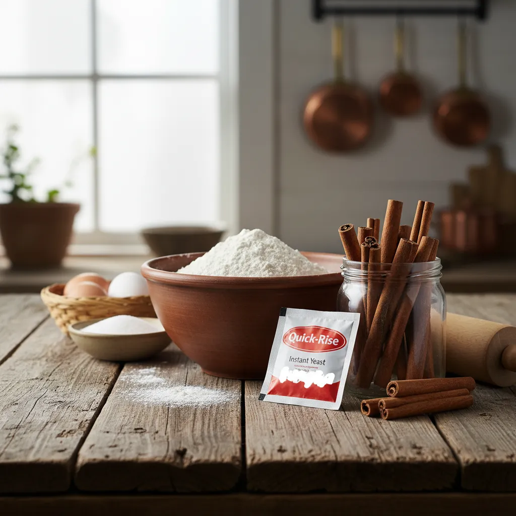 Bowls of flour, sugar, and cinnamon on a wooden table