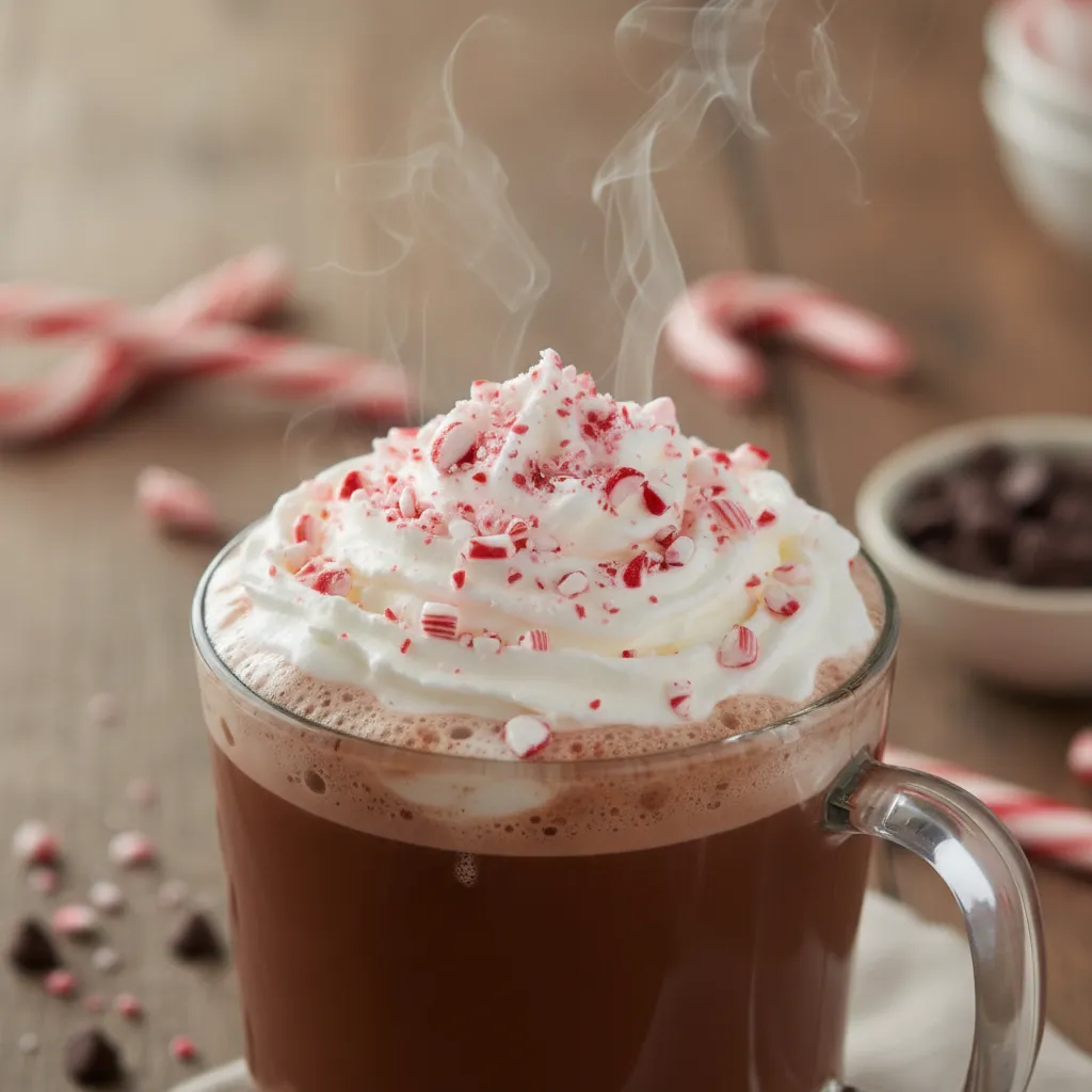 Festive peppermint hot chocolate topped with whipped cream and crushed candy canes