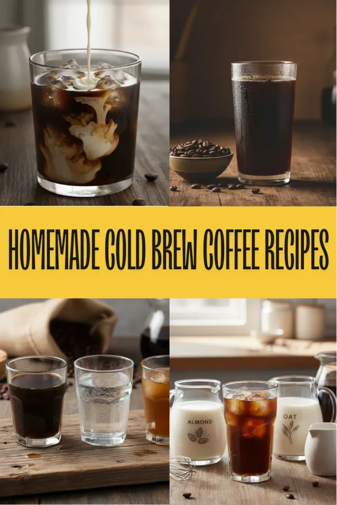 A glass mason jar of homemade cold brew coffee concentrate next to a glass with milk and ice on a wooden table.