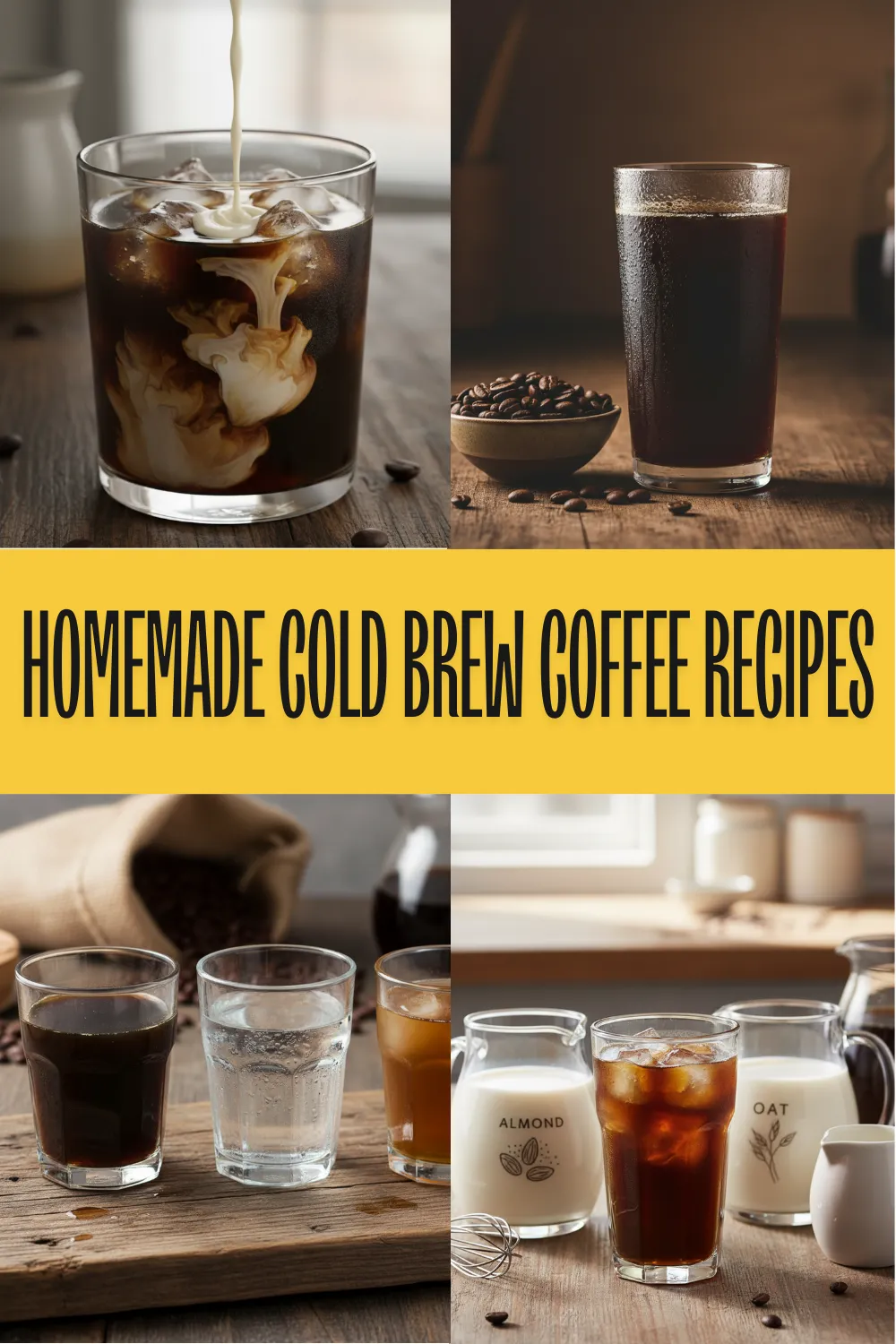 A glass mason jar of homemade cold brew coffee concentrate next to a glass with milk and ice on a wooden table.