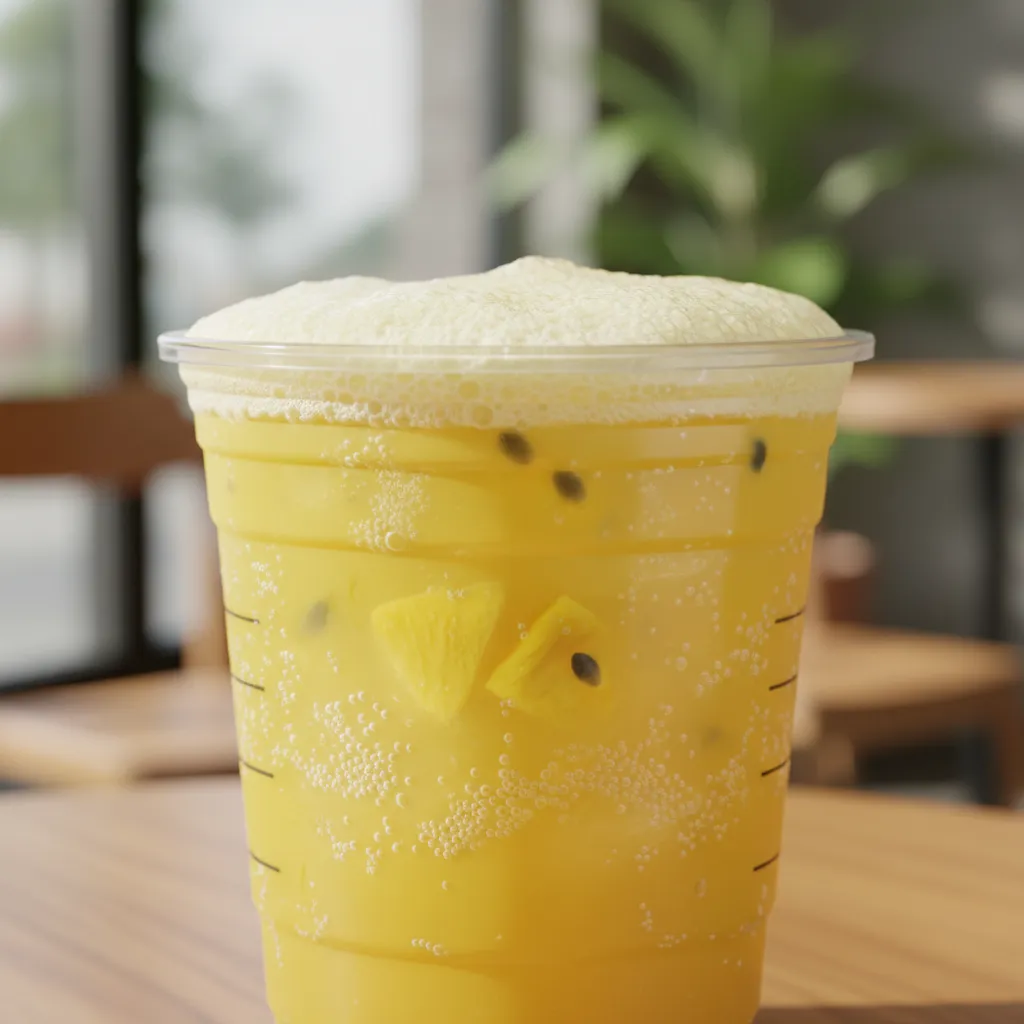 Bright yellow Pineapple Passionfruit refresher drink