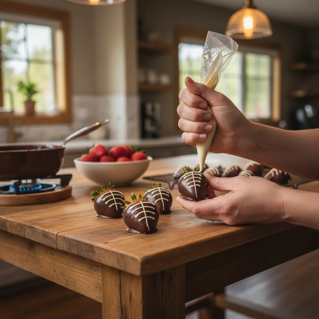 Close up of piping white chocolate laces onto a chocolate dipped strawberry.