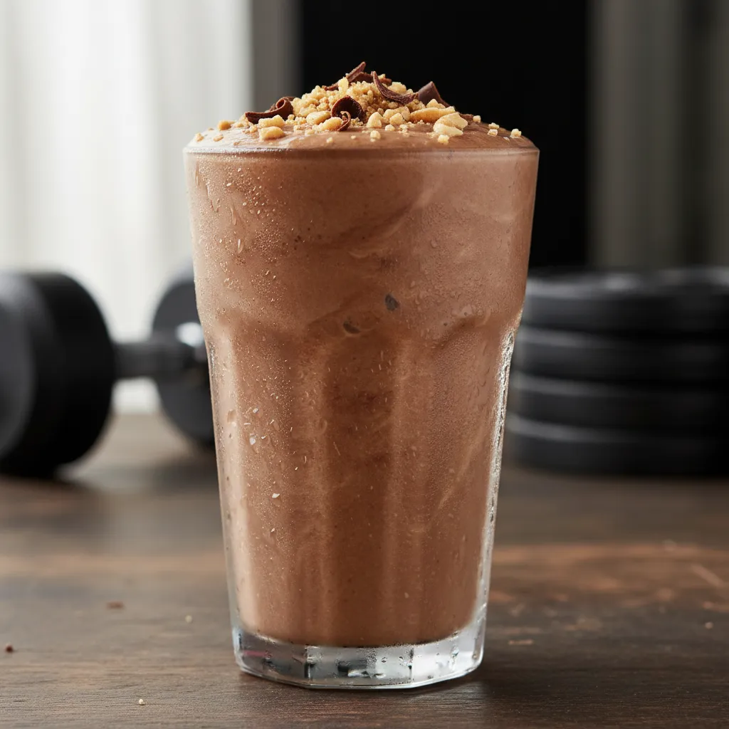 Thick chocolate peanut butter protein smoothie in a tall glass for post workout recovery