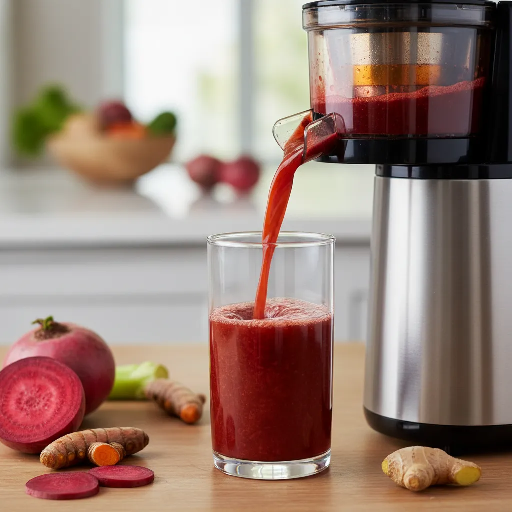 Close up of red juice pouring into a glass