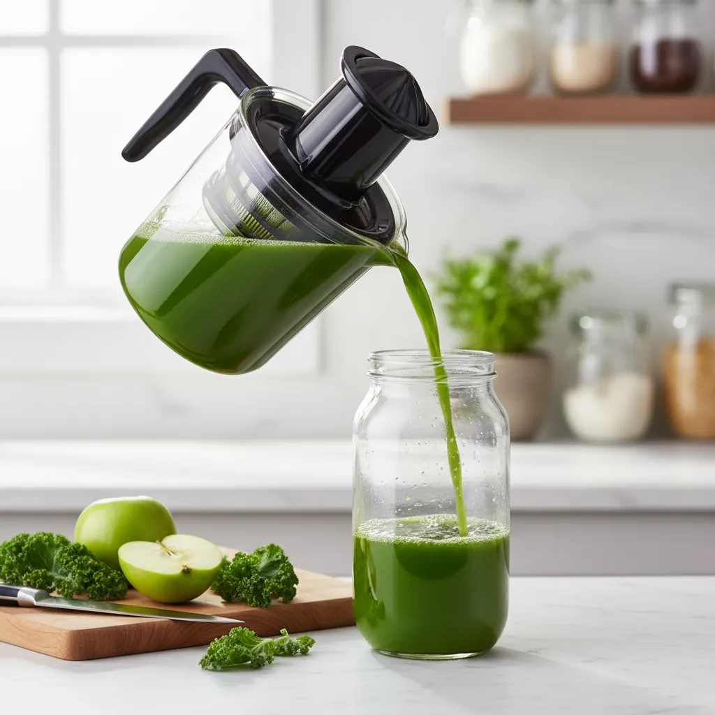 Fresh green juice being poured into a jar after extraction