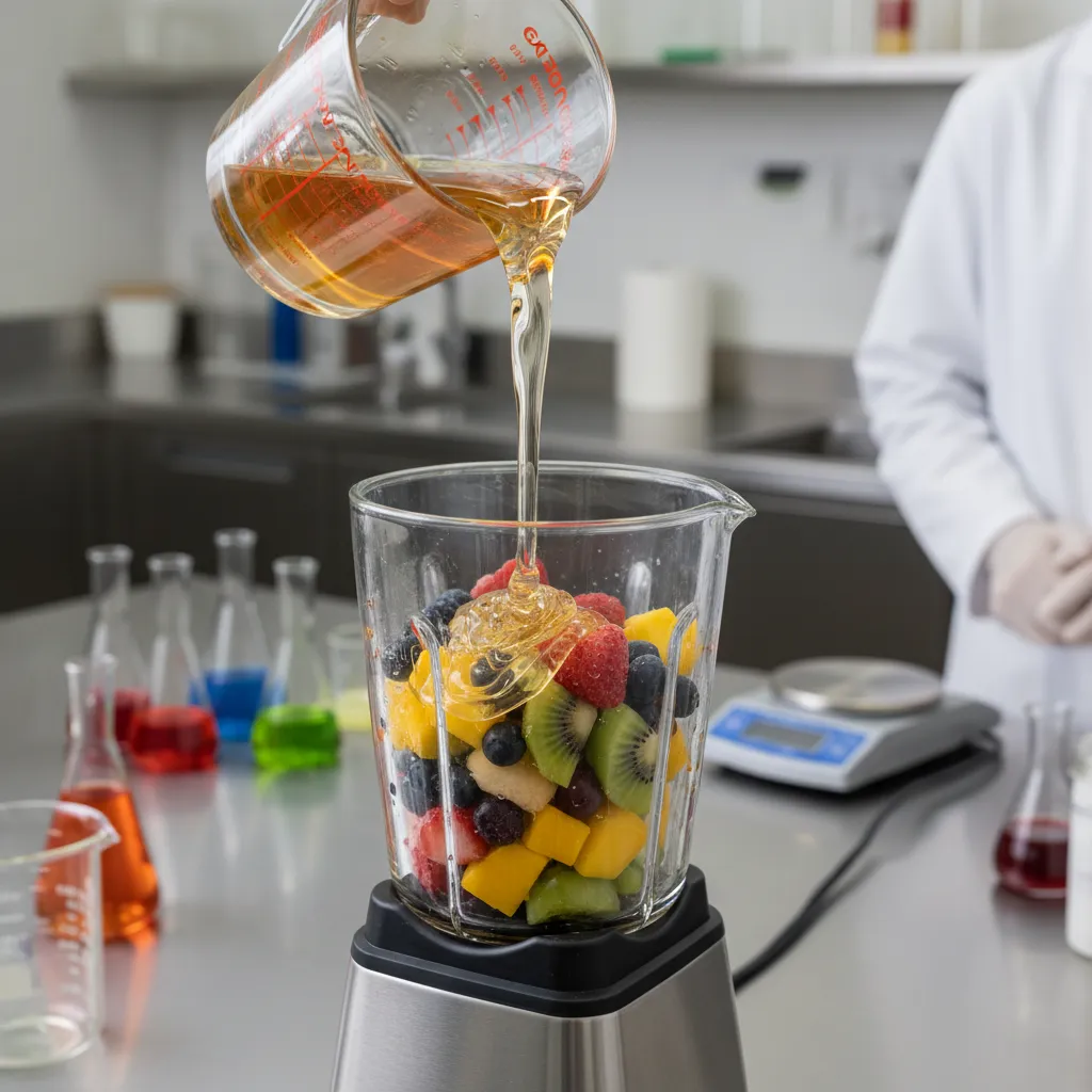 Pouring thick simple syrup into fruit mixture to lower freezing point for slushies