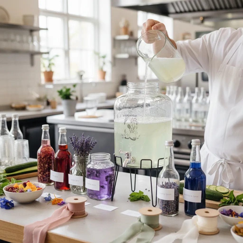 Bartender pre-batching elderflower and cucumber syrup for wedding service